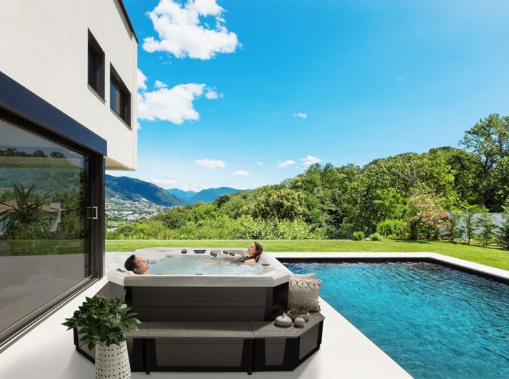 Lush, mountain side view from modern villa with a pool Modern villa , outdoor, view from poolside